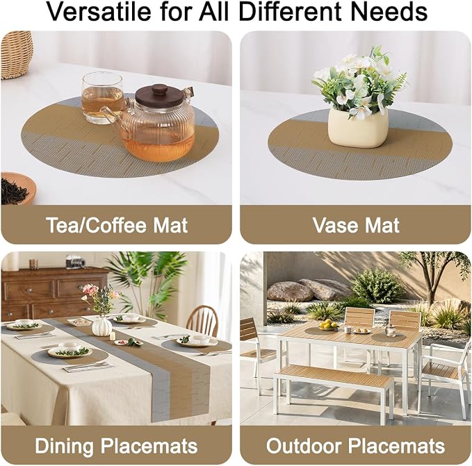 Round Placemats Set of 8, 15 Inch Woven Vinyl Heat Resistant Place Mats, Washable Non Slip PVC Table Mats for Kitchen Dining Party Outdoor Table Decor (Gray Light Brown, 8)