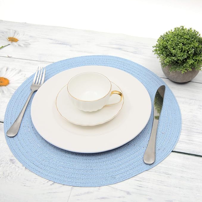 SHACOS Round Braided Placemats Set of 8 Washable 15 inch Round Non Slip Table Place Mats for Dining Tables Wedding Party Decor (Light Blue, 8)