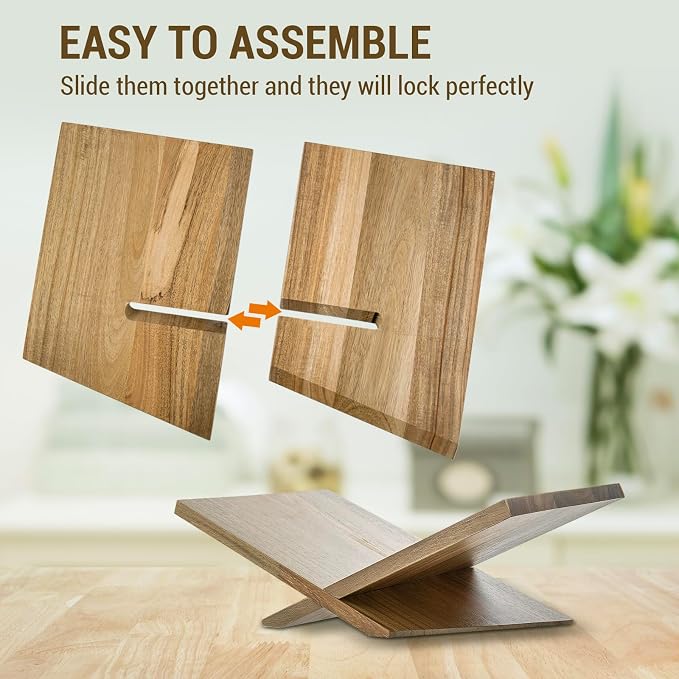MyGift Premium Acacia Wood Kitchen Cookbook Stand – Solid Wood Recipe Holder for Countertop Cooking, Tablets & Books