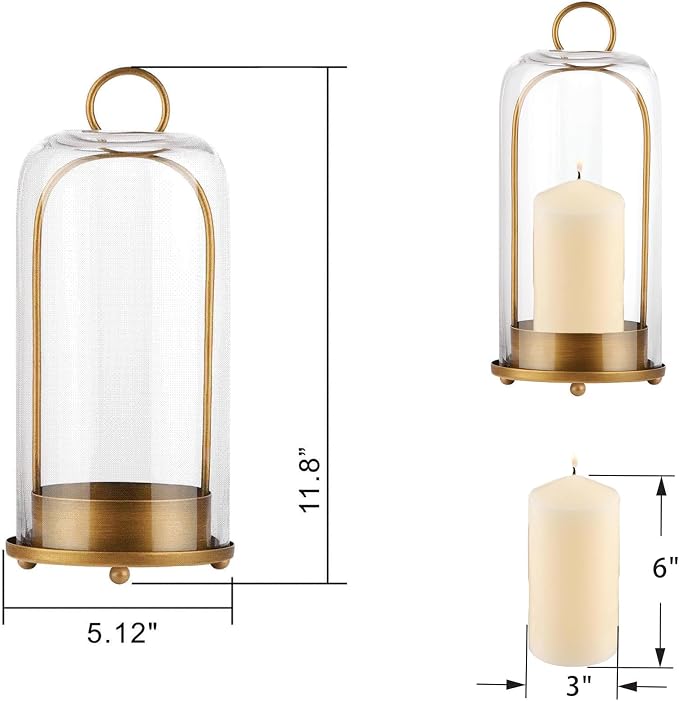 12" High Versatile Modern Metal Hurricane Lantern with Handmade Sturdy Glass Dome in Antique Brass for Pillar Candle & Plants, Industrial, Farmhouse, Shabby Chic (Brass, 5"x12")