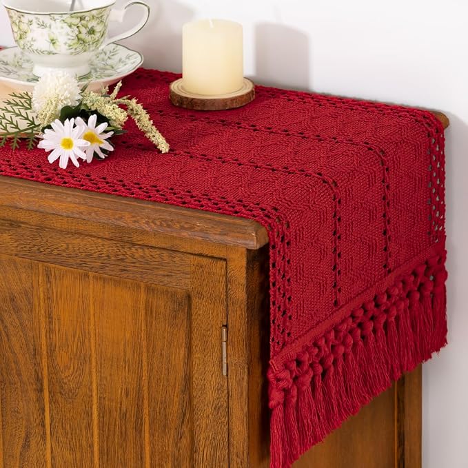 Socomi Boho Table Runner Summer Farmhouse Rustic Dining Kitchen Centerpiece Decor Small Macrame Woven Cotton Linen Coffee Table Runner for Dresser Scarf Home Decor 12x60 in Red