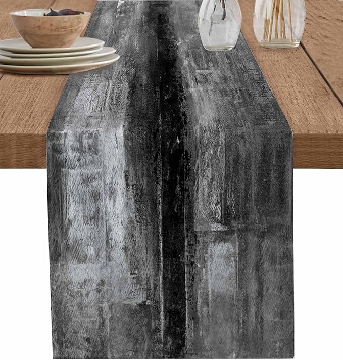 Vintage Black Table Runner - 90 Inch Long, Oil Modern Paintings Abstract Kitchen Dining Table Runner Dresser Scarves, Geometric Artwork Grey Black Tablerunner for Coffee Table Wedding Party, 13x90 in
