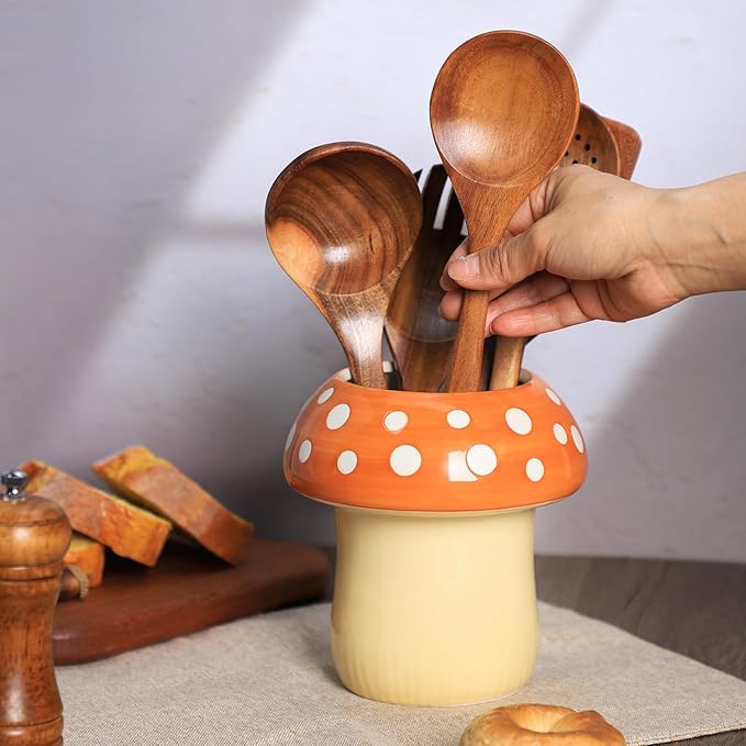 Mushroom Shaped Ceramic Kitchen Utensil Holder, Large Cooking Utensil Crocks for Kitchen Countertop, Ceramic Utensil Organizer for Spatula, Kitchen, Home Decoration-Brown