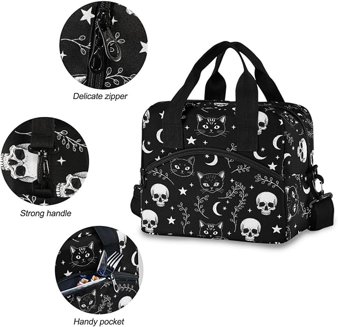 ALAZA Gothic Moon Skull Cat Lunch Box for Men Women Adults Insulated Lunch Bag Cooler Bag with Adjustable Shoulder Strap for Work Picnic Travel