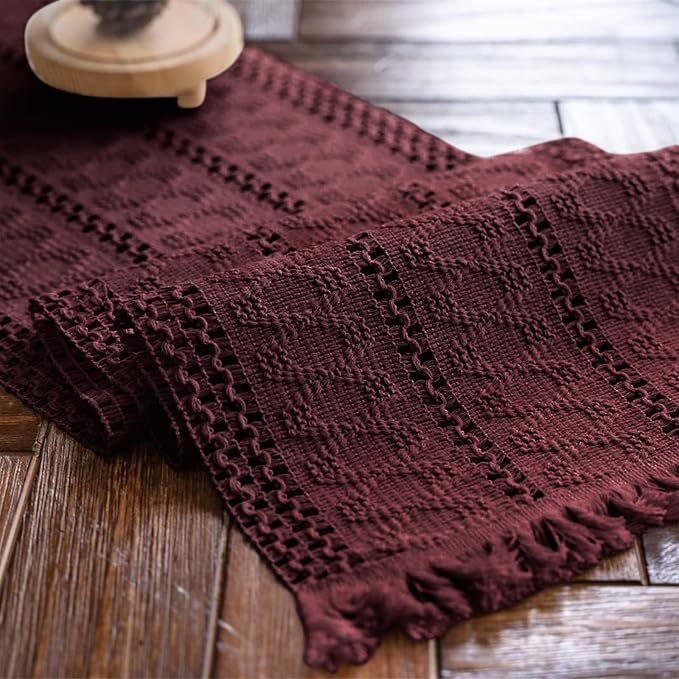 Macrame Table Runner Burgundy Boho Table Runners with Tassels Hand Woven Cotton Table Runner Rustic Farmhouse Table Runners for Bohemian Kitchen Dining Table(12x71in)