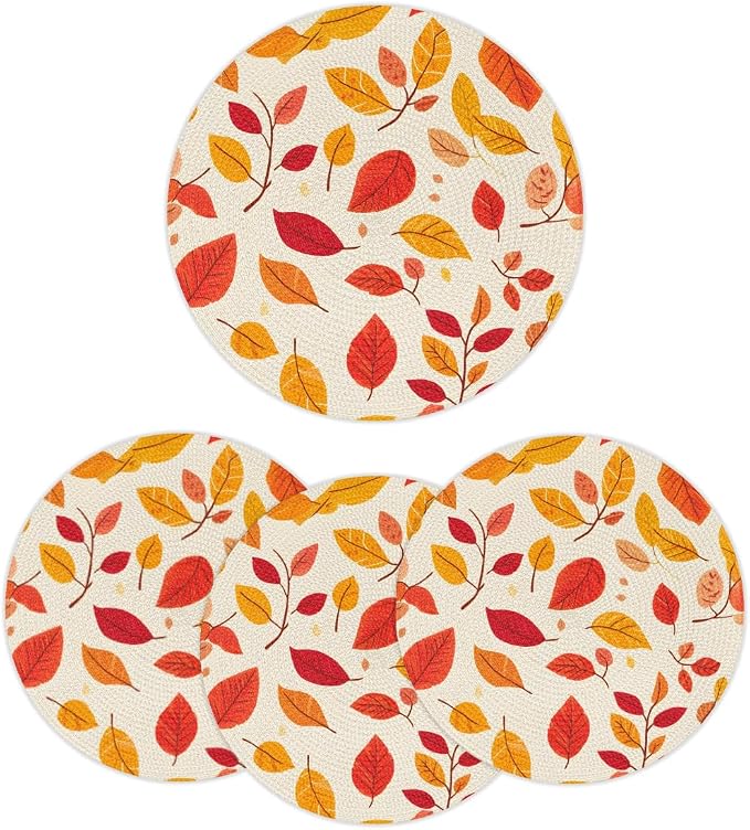 Round Placemats Set of 4, Autumn Maple Leaves Woven Placemats Mats Non-Slip Heat Resistant Washable Table Mats Round Braided Place for Farmhouse Kitchen Dining Party Decor 15in-6