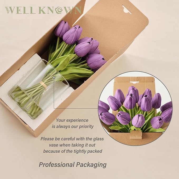 WELL KNOWN 20 Pcs Tulips Artificial Flowers in Vase, Real Touch Fake Purple Tulips Flowers with Glass Vase & Fake Water, Flower Arrangement Centerpiece for Wedding Party Dining Table Home Decor & Gift