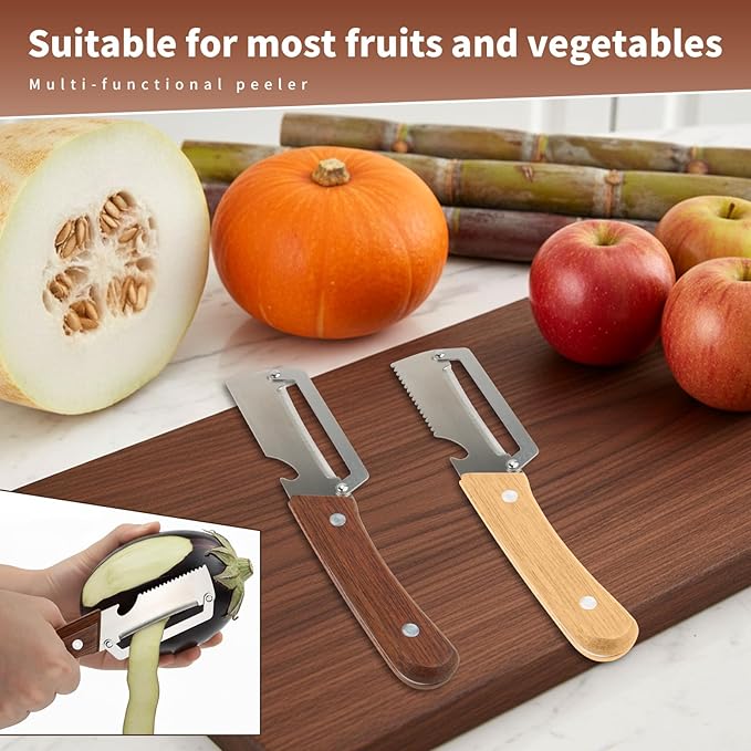 2Pcs Multi-Functional Vegetable Peeler for Kitchen, Premium Vegetable Peeler with Bottle Opener and Wooden Handle,Stainless Steel Blade,Kitchen Peeling Tool for Fruits Potatoes Apples Carrots Zucchini