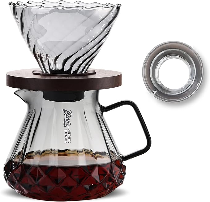 Bincoo Pour Over Coffee Maker&Dripper, Style Cone Filter + 600ml Glass Coffee Server, Manual Coffee Brewer Set, Reusable Coffee Filter Holder, Great Gift for Coffee Enthusiasts（Grey