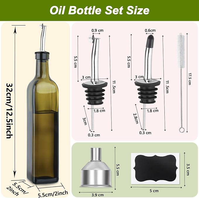 Olive Oil Dispenser Bottle, 2 Pcs Green Glass Oil Bottle for Kitchen, Oil and Vinegar Dispenser Set with Pourers and Funnel -17oz Green Olive Oil Bottle Dispenser