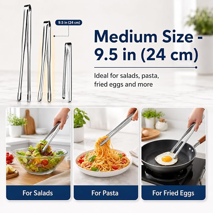 Kitchen Tongs Set of 3 with Storage Case, 304 Stainless Steel Cooking Tongs, 11.5”, 9.5” & 6” Serrated Non-Slip Tips for Grilling, Frying, Salad, Pasta, Ice Cubes (Silver)
