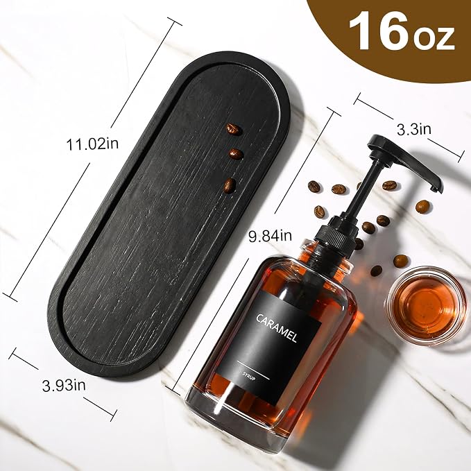 Coffee Syrup Dispenser for Coffee Bar, 16.9 fl oz Glass Syrup Dispenser with 1/4oz Large Capacity Pump, Coffee Syrup Pump Dispenser for Home Kitchen Station, Latte & Iced Coffee Station Organizer
