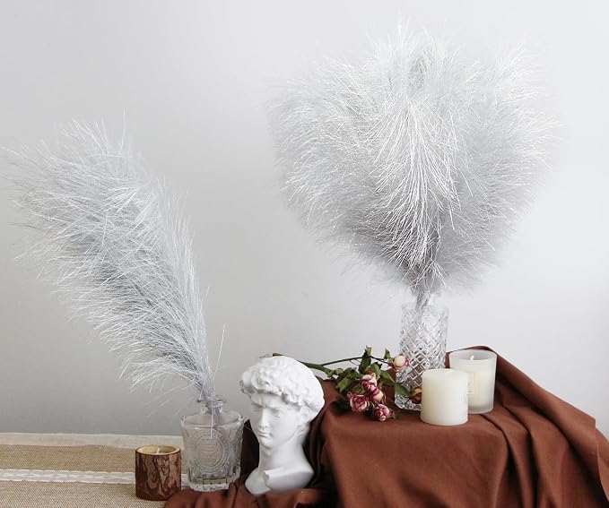 ZIFTY Pampas Grass Silver Decor 6-Pcs 17" Faux Pompas Fluffy Artificial Pompous Grass Fake Flower Bulrush Reed Grass for Vase Filler Ins Style Modern Home Christmas Wedding Decorations(Silver)