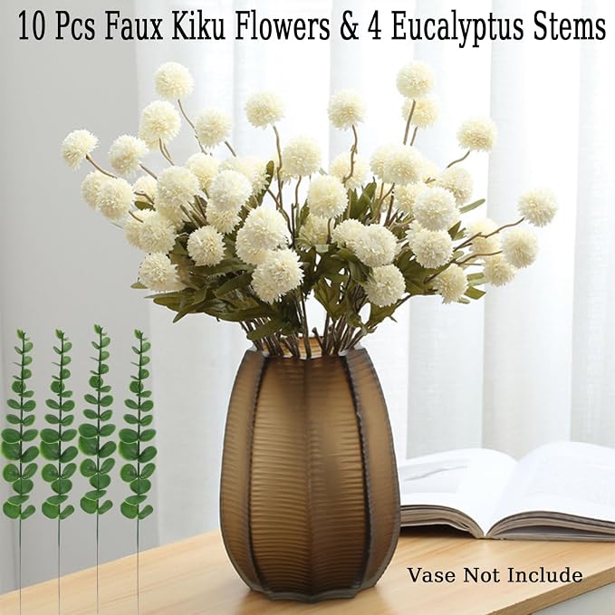 10pcs Faux White Kiku Flowers, 5 Heads Each Stem & 4 Branches Eucalyptus Stems, Artificial Small Mini Chrysanthemum Flowers for Aesthetic Room Decor, Floral Arrangements Centerpiece