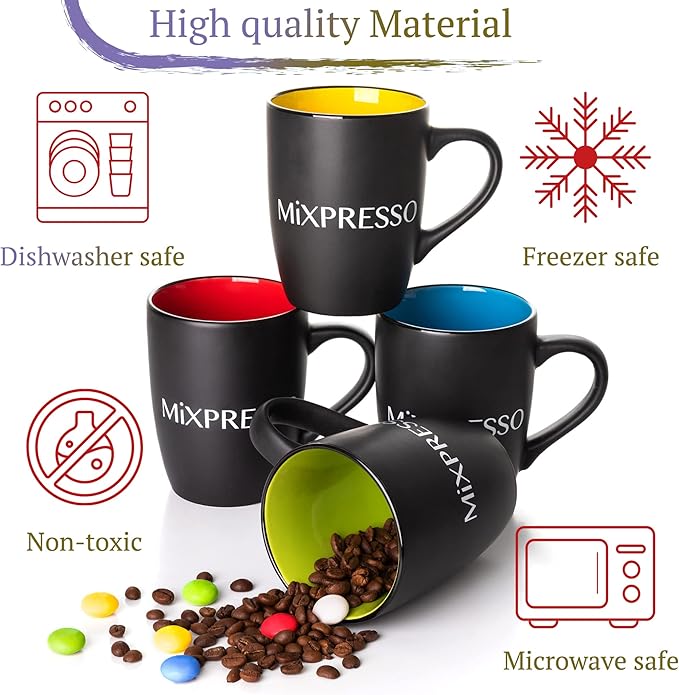 Mixpresso 4 Piece Mug Set, 16 Oz Coffee Mugs with Large Handle For Hot or Cold Drinks, Colorful Ceramic Coffee Mug Set For Coffee, Tea, Cappuccino, Milk, Cocoa, Cereal. Black and Colors Mugs
