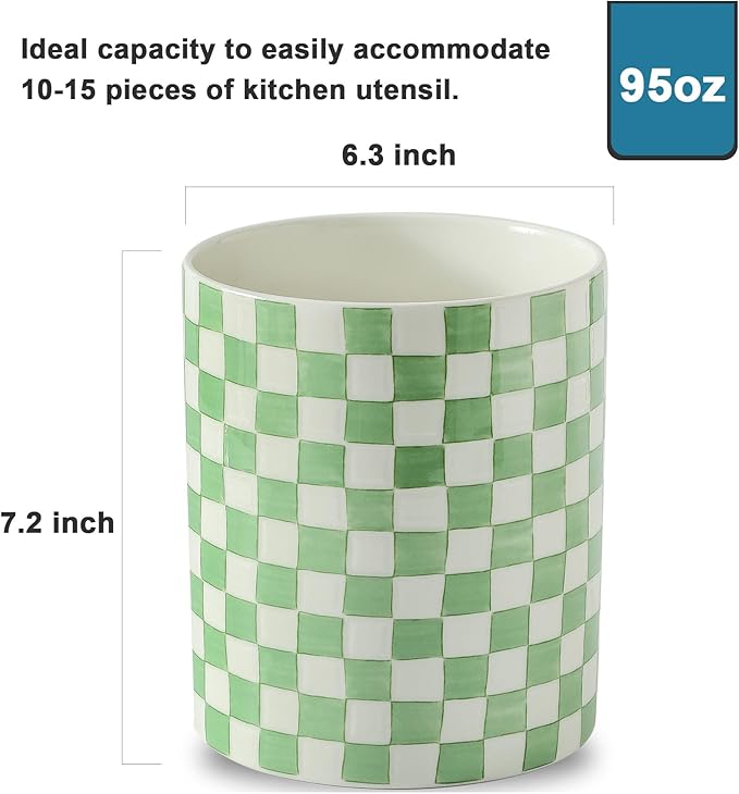 7" Ceramic Hand painted Utensil Holder, Large Kitchen Utensil Holder Organizer ,Stable Utensil Crock Spatula Holder for Kitchen Counter Countertop Farmhouse Cooking Tools Holder (Green)