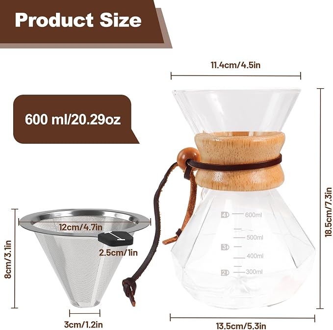 Pour Over Coffee Maker 600ml 20.3oz Glass Drip Coffee Maker with 304 Stainless Steel Filter High Borosilicate Glass Duckbill Spout Solid Wood Handle Pour Over Coffee Dripper for Daily Brewing