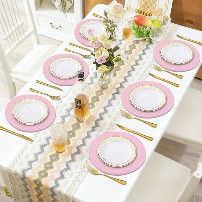 Round Placemats Set of 6, Cotton Rope Woven Table Mats, Hot Pads for Kitchen, Non Slip Heat Resistant Place Mats, 13 Inches Braided Placemat for Farmhouse Decor and Kitchen Table Decor (Pink)