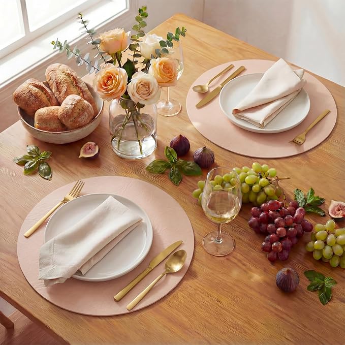 Artoid Mode Pink Faux Leather Placemats Set of 4, 15 Inch Waterproof Wipeable Heat Resistant Vinyl Place Mats, Reversible Table Mats for Spring Kitchen Dining Decor