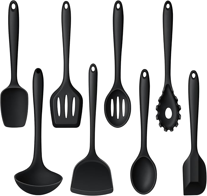 LIANYU 8Pcs Cooking Utensils Set, Heat Resistant Kitchen Utensils, Silicone Utensils Spatula Set for Nonstick Cookware with Spatula, Ladle, Turner, Spoon, Dishwasher Safe, Black