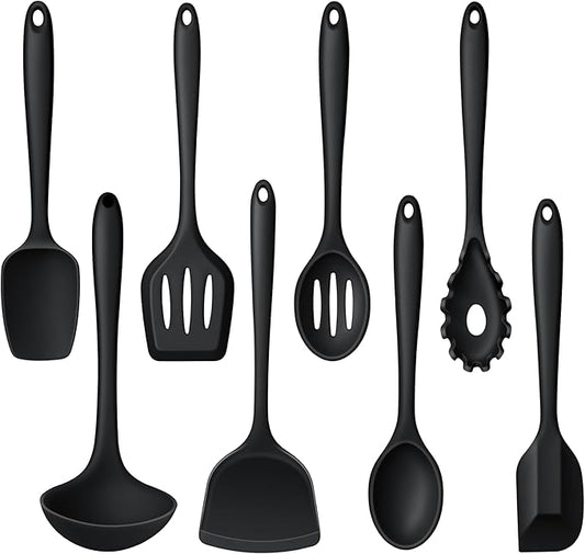 LIANYU 8Pcs Cooking Utensils Set, Heat Resistant Kitchen Utensils, Silicone Utensils Spatula Set for Nonstick Cookware with Spatula, Ladle, Turner, Spoon, Dishwasher Safe, Black