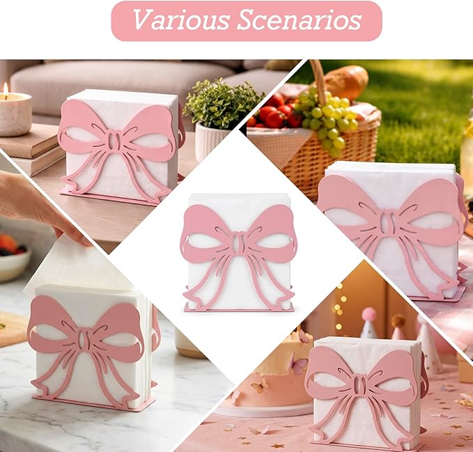 2Pack Pink Bow Napkin Holder for Table, Modern Metal Napkin Holders for Kitchen Dining Tables & Countertops, Paper Cocktail Napkins Holder Dispenser for Indoor & Outdoor Party