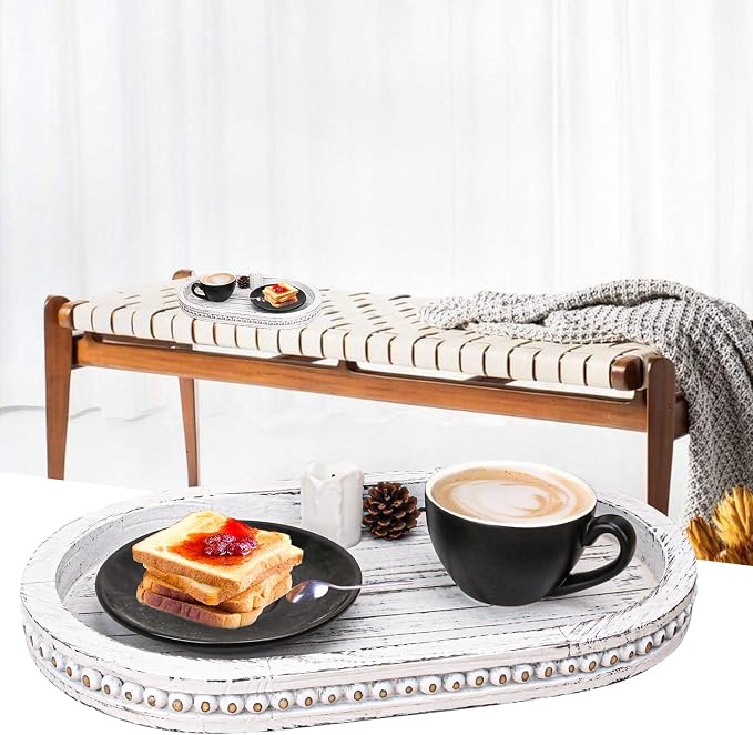 15.15 Inch Decorative Wood Serving Oval Tray - Artistic White Washed Bead Oval Trays, Rustic Wooden Oval Trays for Coffee Table, Living Room, and Dining Room Decor, Organizer
