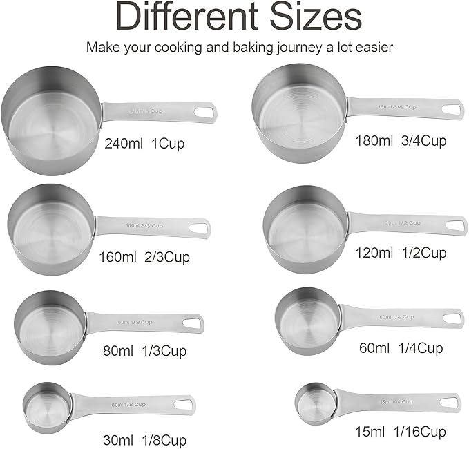 Measuring Cup Set of 8, 18/8 Stainless Steel Measuring Cups for Kitchen & Baking, Heavy Duty Metric & US Measure Cups Set with 2/3 Cup & 3/4 Cup Meaure Cups