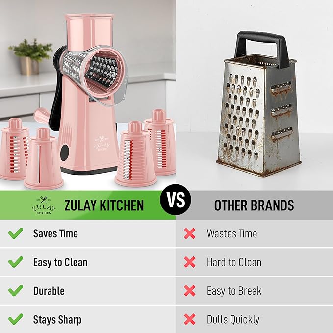 Zulay Kitchen Rotary Cheese Grater 5 Blade Cheese Shredder - Manual Hand Crank Cheese Grater With Reinforced Suction & 5 Interchangeable Drums - Easy to Use, Vegetable Chopper Round Mandoline Slicer
