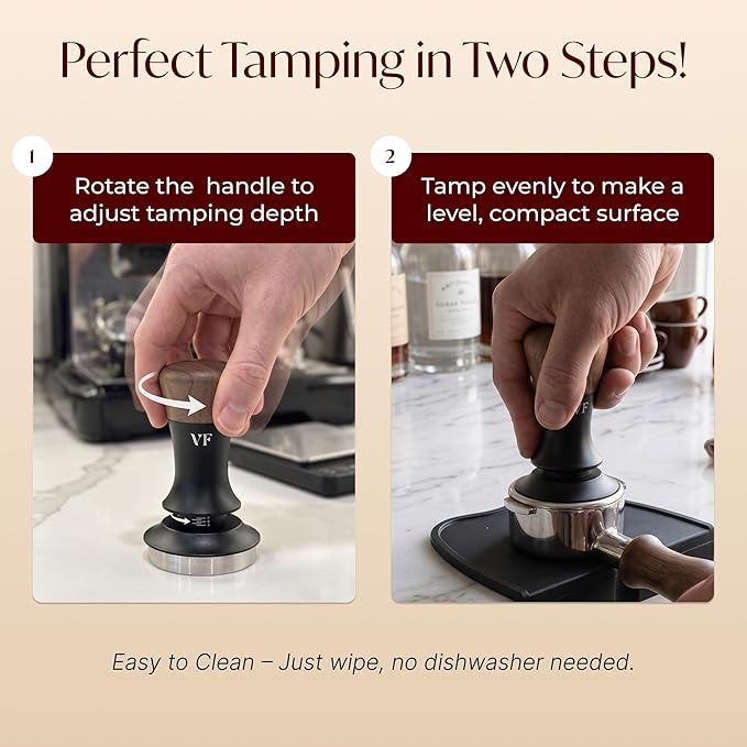 Espresso Tamper for 54mm Portafilter – Adjustable Depth Spring Loaded Tamper for Consistent Tamping – Barista Coffee Press Tool with Stainless Steel Base – Black & Walnut