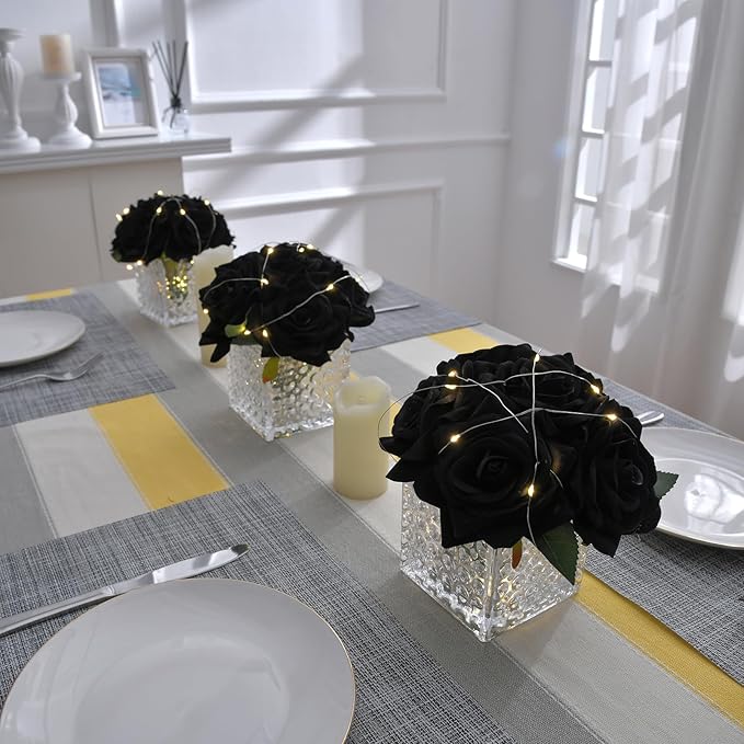 Fule Artificial Silk Rose Flower Centerpiece Arrangement in Glass Vase with LED Light for Home Wedding Decoration (Black)