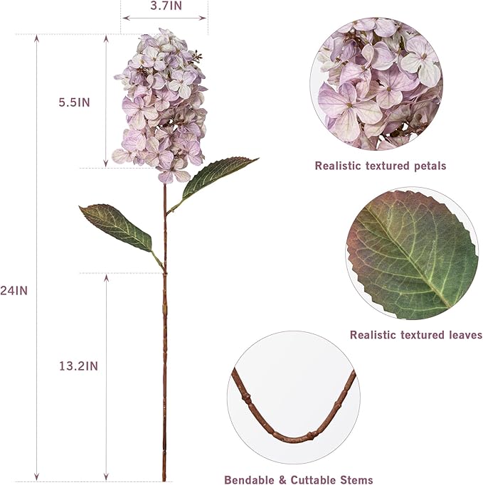 Ttranewsoo Fake Hydrangea Silk Flowers with Stems,Faux Hydrangea Artificial Flowers Purple for Home Wedding,Dried Hydrangea Artificial Flowers Bouquet Vase Decor 24"（Light Purple ） 8pcs No Vase