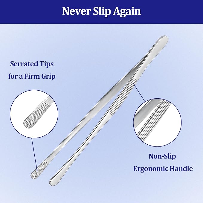 12-inch Stainless Steel Cooking Tongs & Tweezers, Non-Slip Grip & Serrated Tips for Grilling, Baking, Garnishing, BBQ, Kitchen & Craft Use (Round Tip)