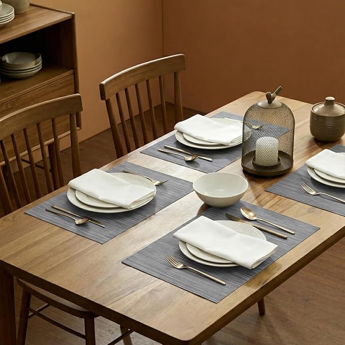 AHHFSMEI Placemats Set of 6 Woven Vinyl Non-Slip Heat Resistant Stain Resistant Easy Clean Place mats for Dining Table(Grey)