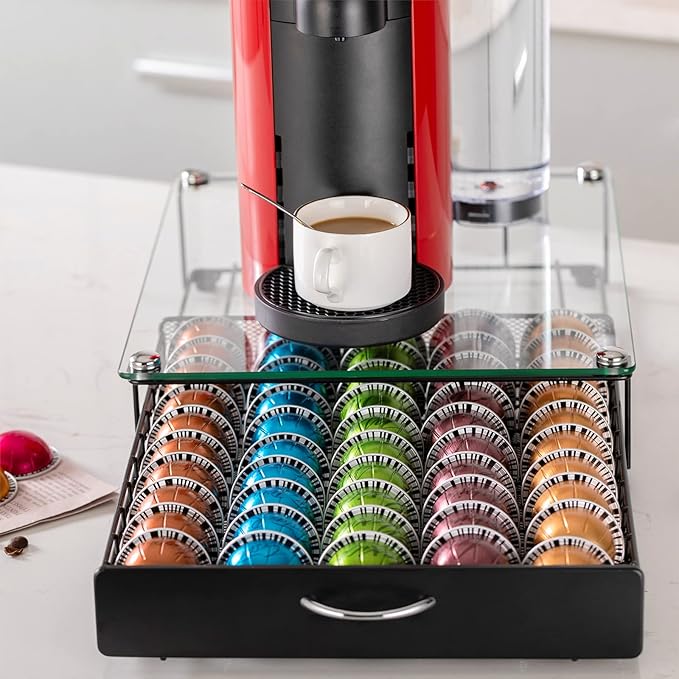 Coffee Vertuo Capsule Holder Drawer for Nespresso With Glass For Cabinet Vertuoline Pod Storage Rack For Counter (Class-50 Pods（With handle）)