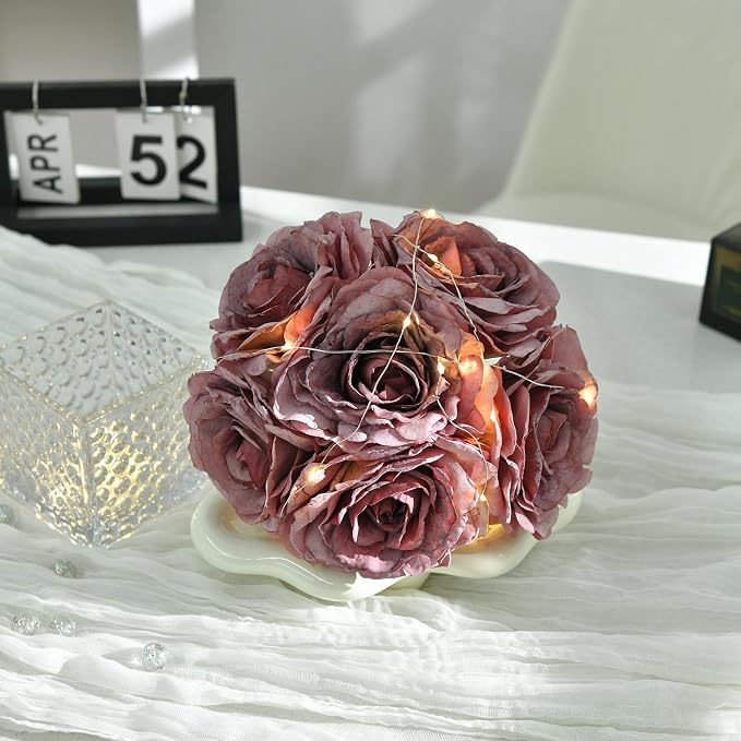 Artificial Rose in Glass Vase Vintage Silk Flower Arrangement with LED Light for Table Centerpiece Home Wedding Decoration (Plum Purple)