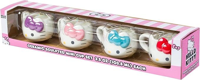 Silver Buffalo Sanrio Hello Kitty Different Color Bows 4 Pack 3D Sculpted Ceramic Mini Mug Set, Perfect as a Sugar, Cream, or Milk Set