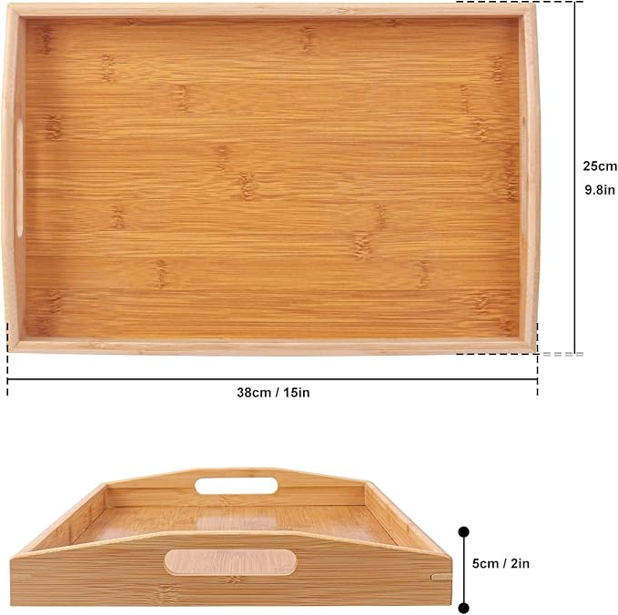 3 PCS Bamboo Serving Tray, Breakfast Bed Tray with Handle, 15 x 10 x 2 Inch Wood Serving Tray for Serving, Breakfast Bed Trays for Eating, Decor, Displaying Cake, Fruit