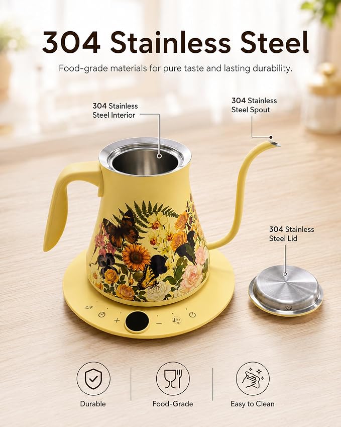 Olumaramio 0.8L/27oz Gooseneck Electric Kettle - ±1℉ Precise Temperature Control for Pour Over Coffee & Tea, 1200W Fast Heating, Auto Shut-Off, Built-in Brew Timer, BPA-Free Stainless Steel, Floral