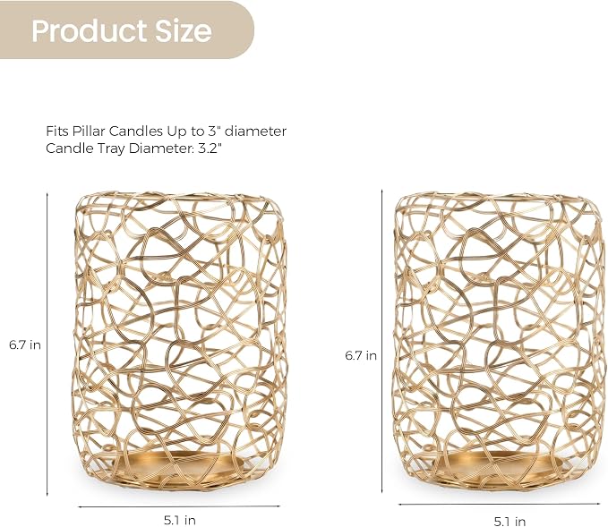 Nest Decorative Lanterns for 3'' Pillar Candles, Gold Candle Holders Set of 2, Rustic Candleholder Stand for Fireplace Mantel Decor & Table Centerpieces for Christmas, Thanksgiving