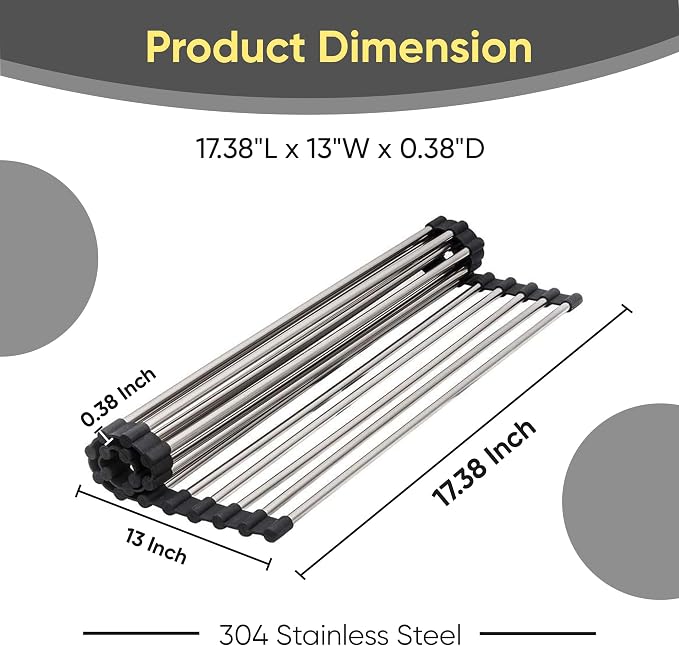 Strictly Sinks Stainless Steel Roll Up Dish Drying Rack – Silver 17 Inch Over The Sink Drying Rack Ideal for Workstation Sinks Only – Multipurpose Foldable Kitchen Dish Rack (17-3/8″ x 13″ x 3/8″)