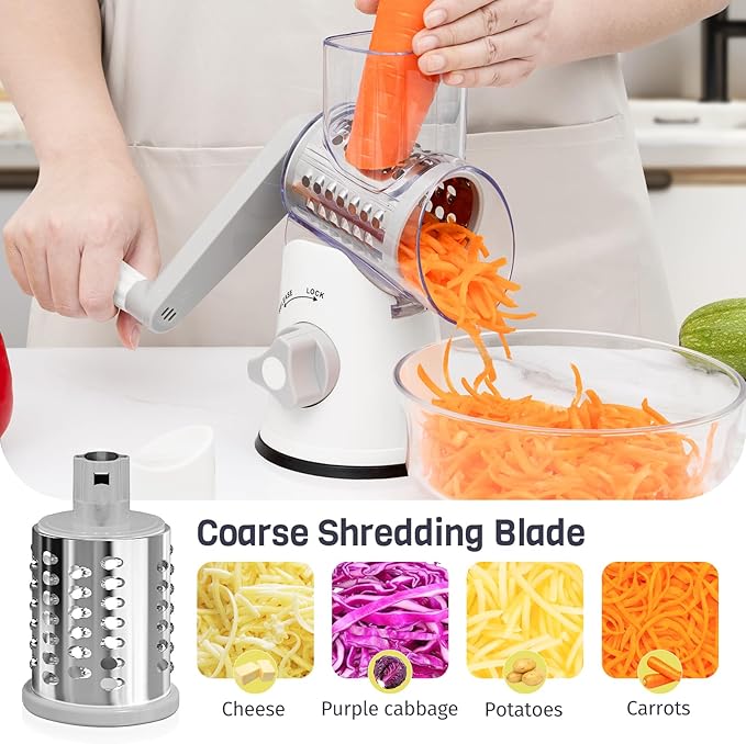 Rotary Cheese Grater Hand Crank, 3 Blades Slicer Shredder, Cheese Grater for Kitchen, Multi-Functional Kitchen Tool for Vegetables, Nuts, Chocolate, with Strong Suction Base, White