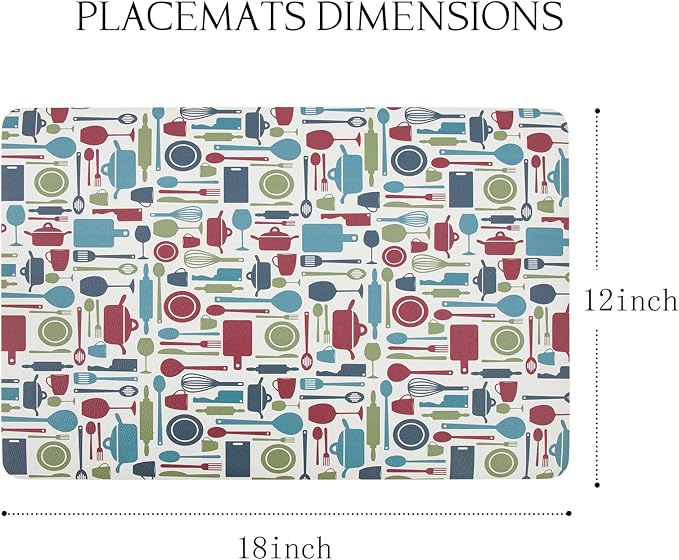 Placemats Set of 4-Waterproof Heat Resistant Non-Slip Washable Table Mats for Dining Table,12 x 18 inch Kitchen Pattern