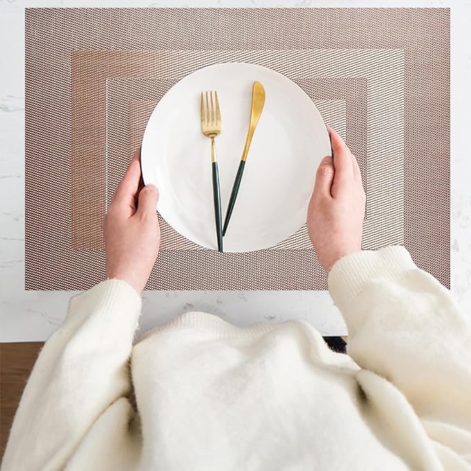 PIGCHCY Placemats Set of 6,Washable Woven Vinyl Kitchen Table Mats Non Slip Durable Placemats,Heat Resistant Placemats for Dining Table (Champagne)