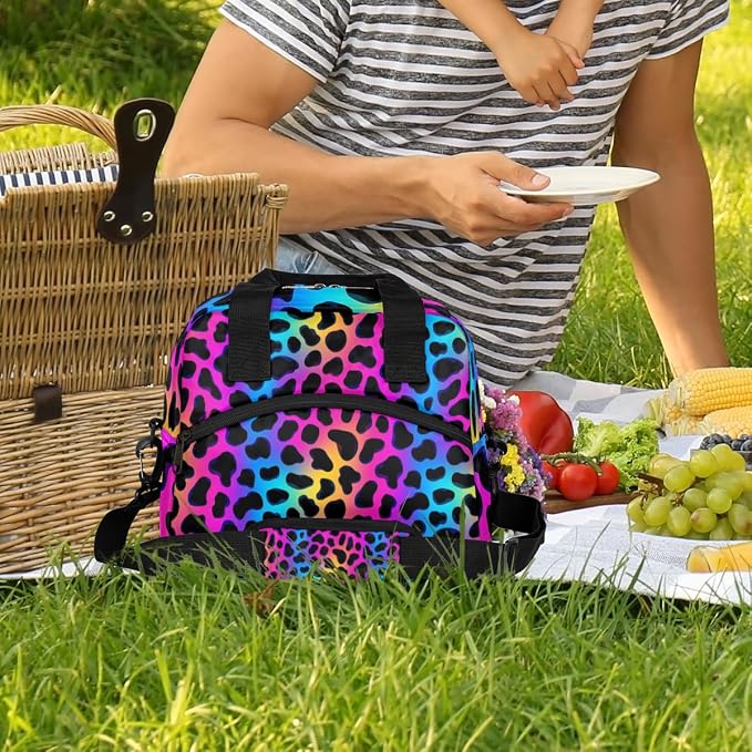 Colorful Leopard Prints Insulated Lunch Bag for Women Men Reusable Lunch Box Cooler Bag Large Leakproof Lunch Tote with Adjustable Shoulder Strap for Adult Work Picnic Camping Beach Office