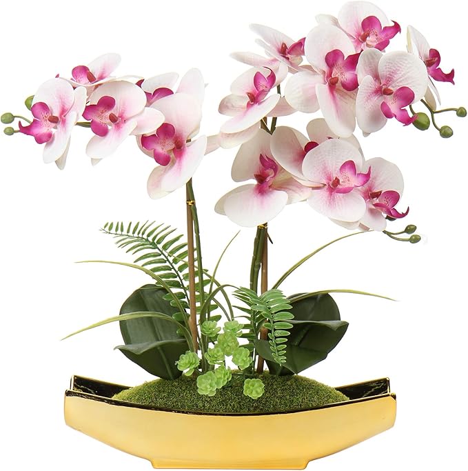 Briful Orchids Artificial Flowers 15" Light Pink Phalaenopsis Orchid with Gold Pots Real Touch Faux Orchid Plant for Home Office Living Room Table Shelf Decor