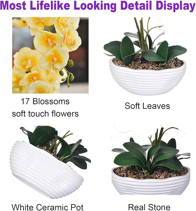 19" H Phalaenopsis Faux Orchid Plant Silk Orchid Centerpiece Artificial Floral Arrangement in Ceramic Pot (Yellow)