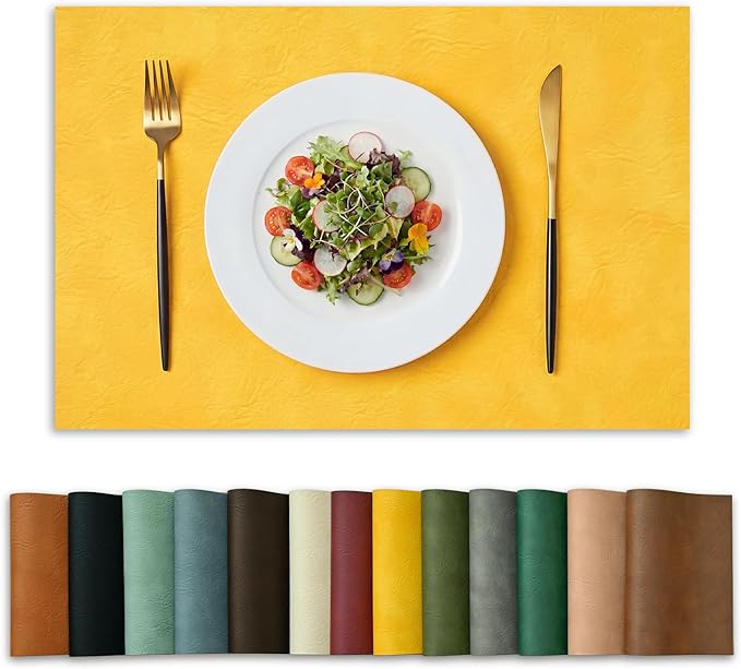 Artoid Mode Yellow Faux Leather Placemats Set of 8, 12x18 Inch Waterproof Wipeable Heat Resistant Vinyl Place Mats, Reversible Table Mats for Summer Kitchen Dining Decor