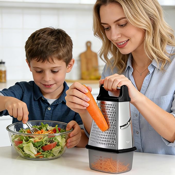Ourokhome Cheese Grater with Handle, Stainless Steel Box Grater, 4 Side Kitchen Vegetable Shredder Slicer Zester with Container for Parmesan, Cabbage, Ginger, Lemon, Chocolate, Coconut (Black)