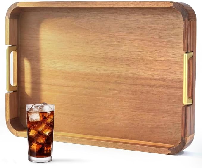 Wooden Serving Tray with Handle 16.7″ Acacia Wooden Tray for Ottoman Rectangle Ottoman Table Tray Serving Tray for Ottoman Decorative Tray for Dinner Breakfast Entertaining Guests